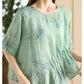 Women Summer Artsy Floral Shirred Ramie Shirt