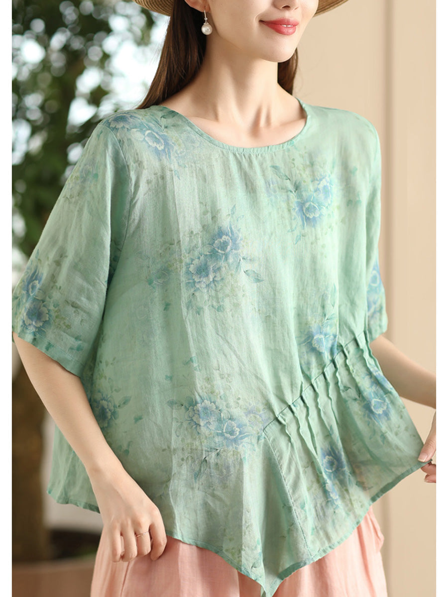 Women Summer Artsy Floral Shirred Ramie Shirt