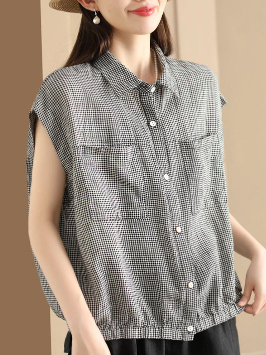 Women Summer Casual Plaid Button-up Linen Shirt