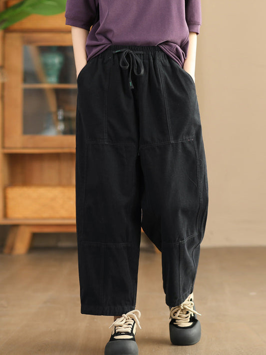 Women Autumn Vintage Solid Spliced Pocket Harem Pants