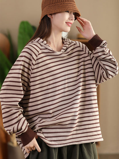 Women Casual Autumn Stripe Colorblock Hooded Sweatshirt