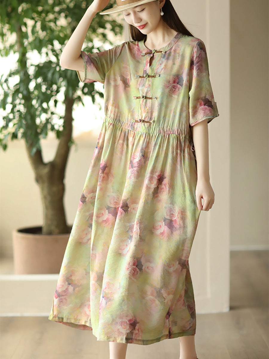 Women Summer Artsy Floral Button O-Neck Dress