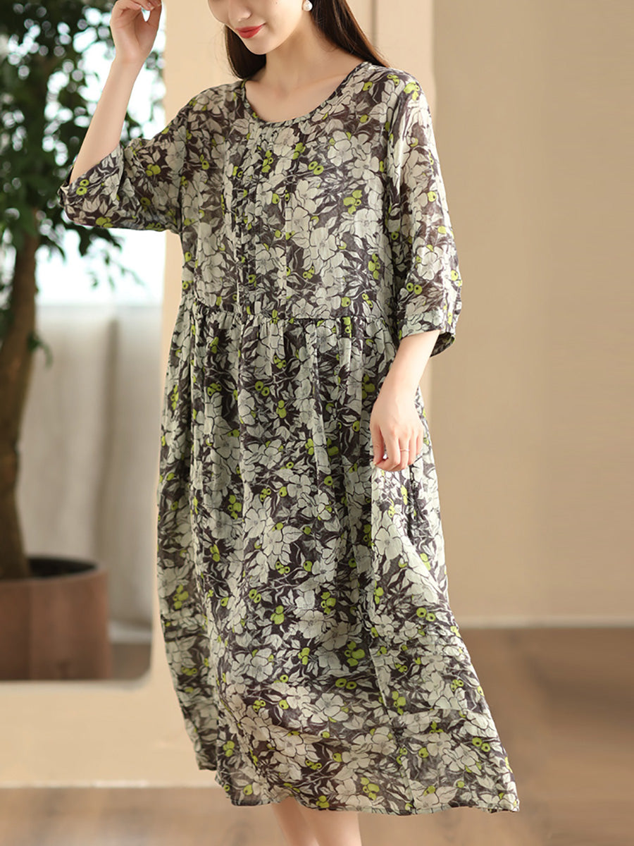 Women Summer Artsy Floral O-Neck Shirred Ramie Dress