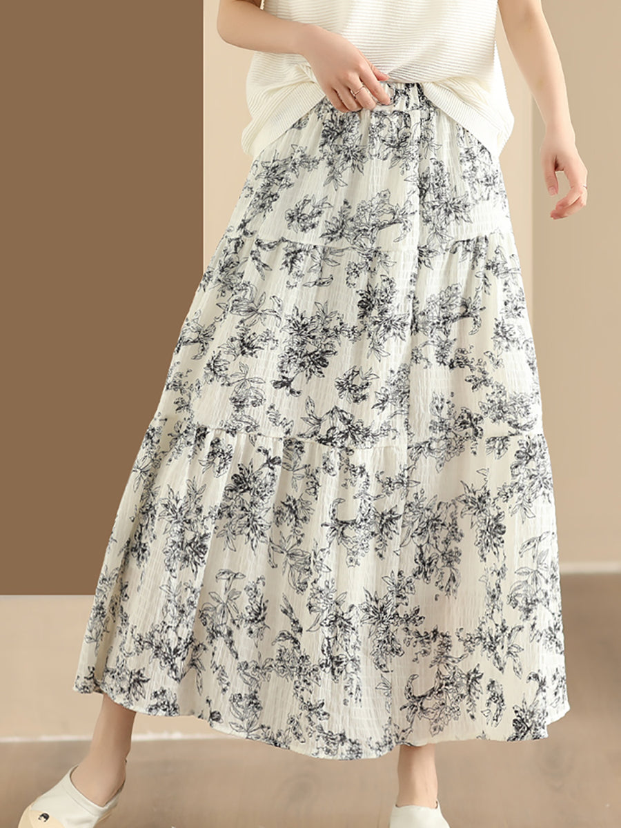 Women Summer Vintage Floral Cotton Loose Skirt