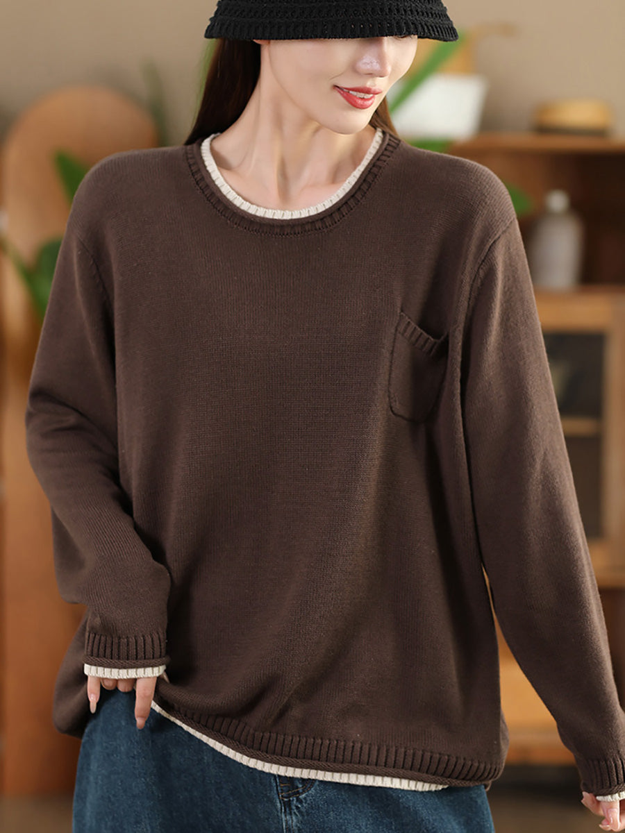 Women Autumn Casual Colorblock O-Neck Cotton Knit Blouse