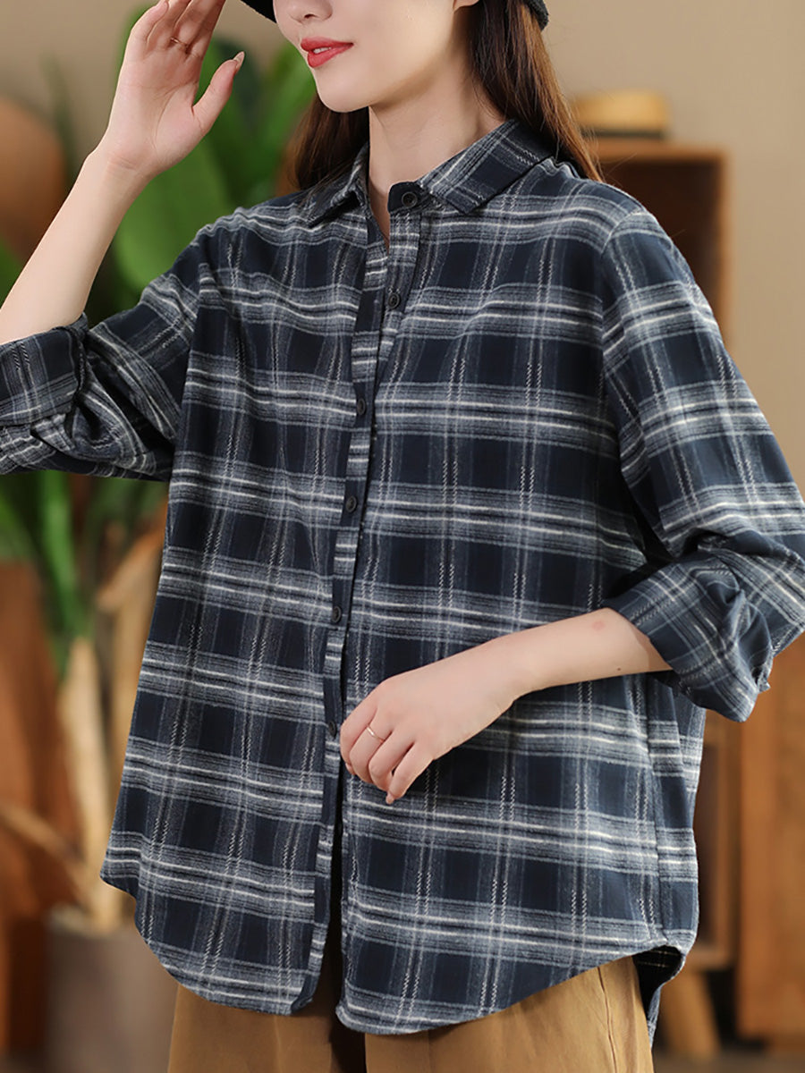 Women Autumn Vintage Plaid Button-up Cotton Blouse