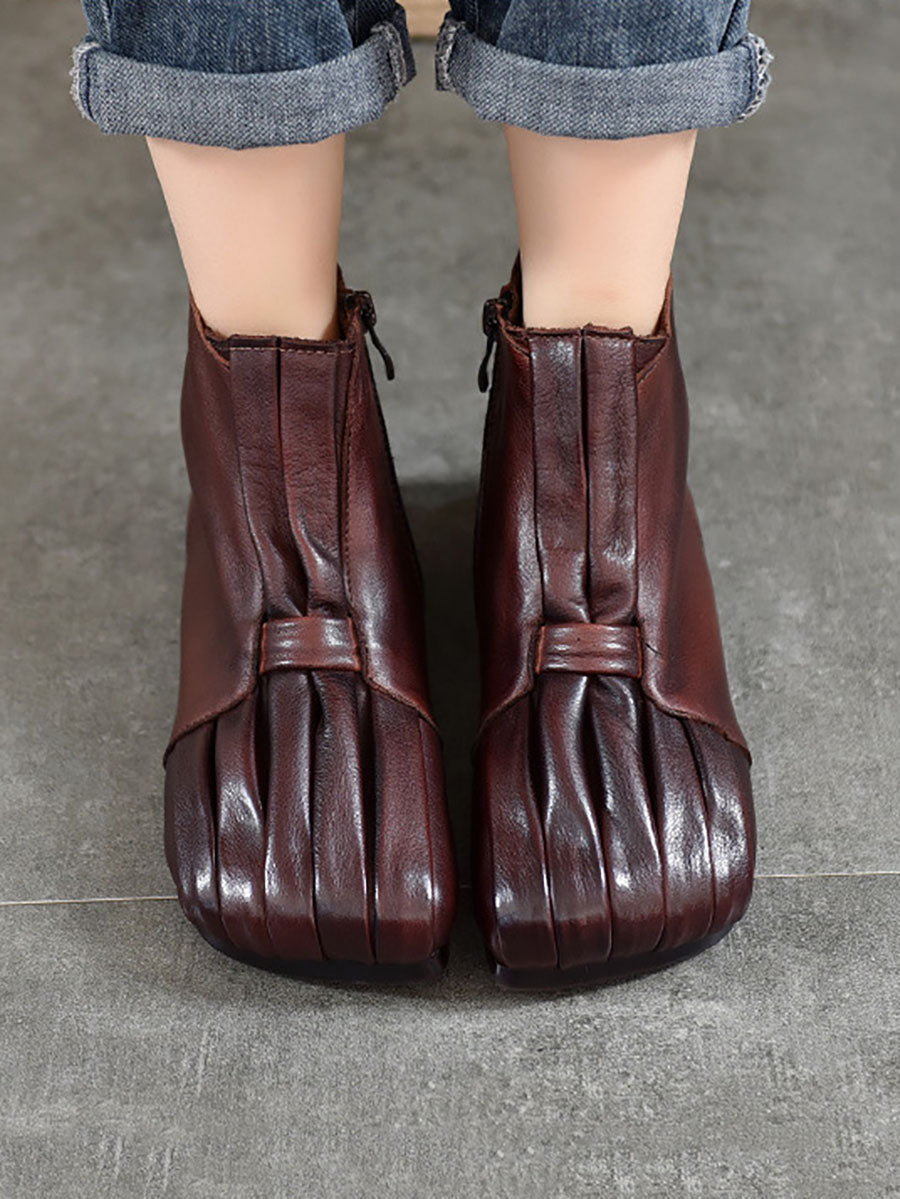 Women Soft Leather Shirred Square Toe Ankle Boots