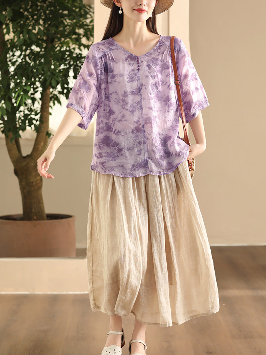 Women Summer Artsy Flower V-Neck Thin Ramie Shirt