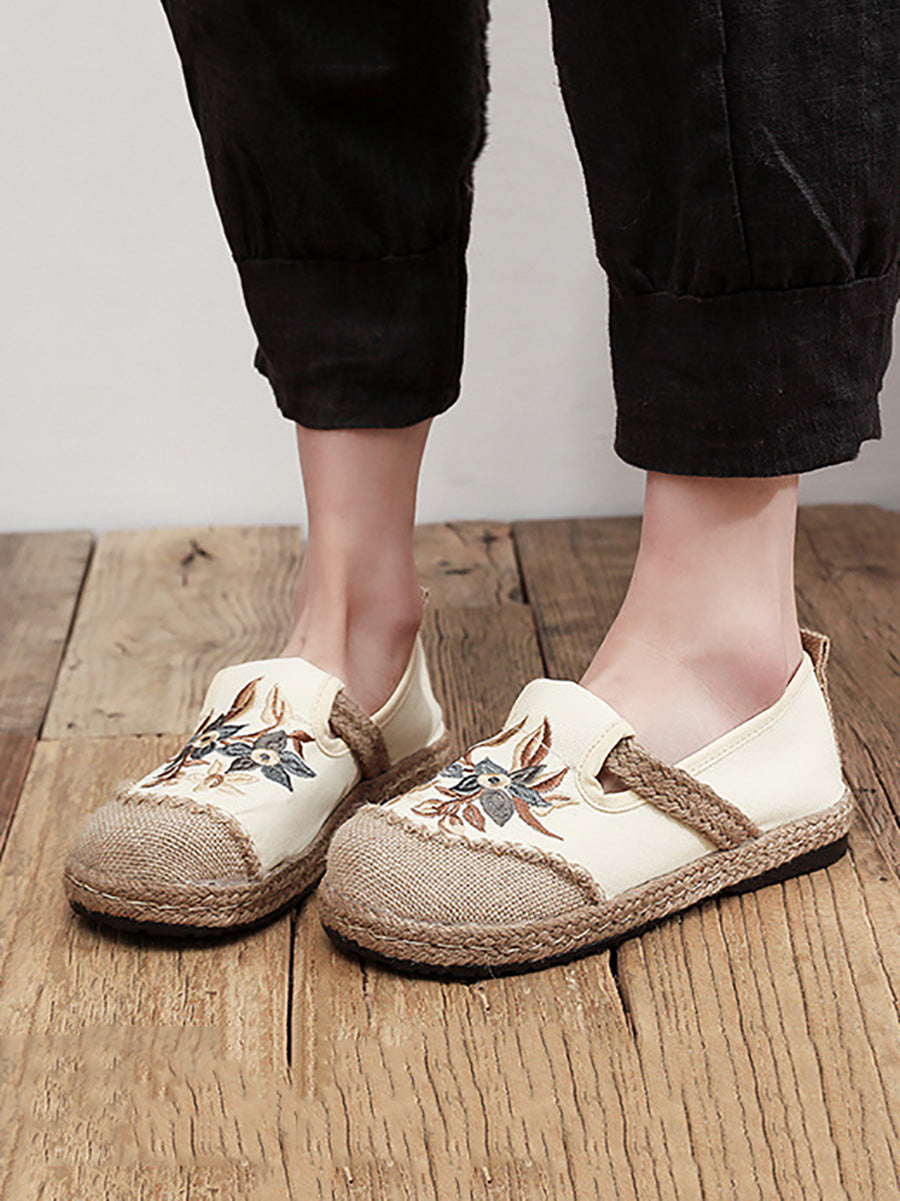 Women Ethnic Flower Embroidery Linen Cotton Flat Shoes