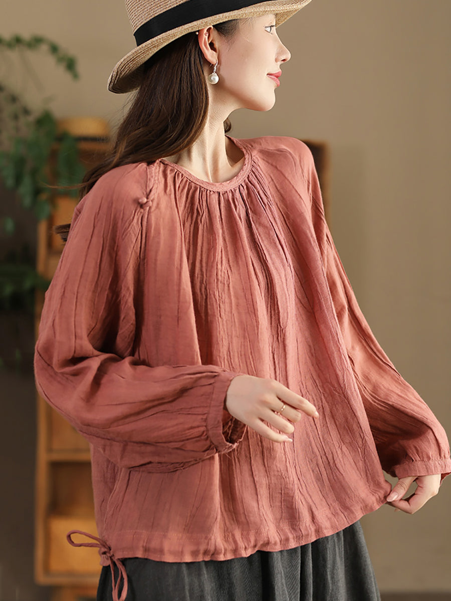 Women Summer Artsy Strap Hem O-Neck Ramie Blouse