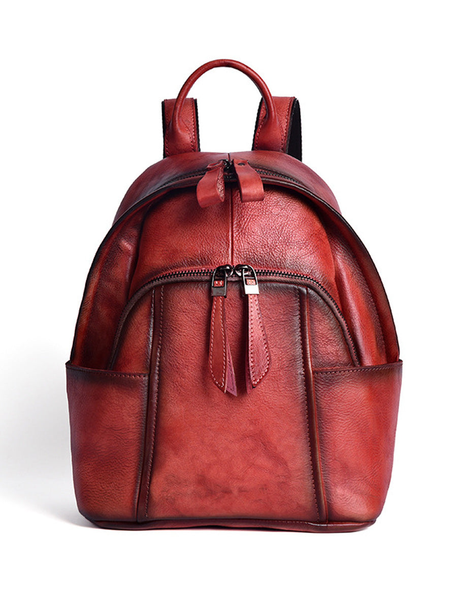 Women Retro Leather Zipper Large Capacity Backpack