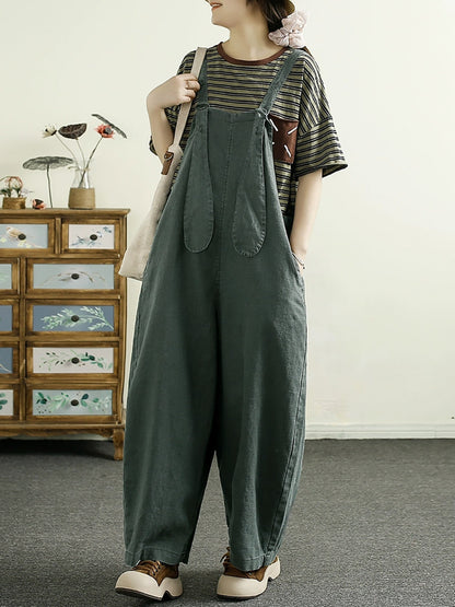 Plus Size Women Retro Solid 100%Linen Loose Jumpsuit