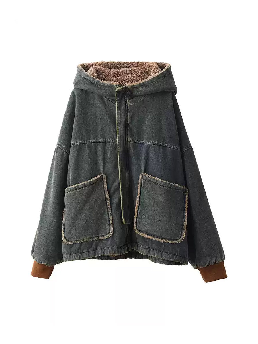 Women Winter Casual Solid Denim Fleece-lined Hooded Padded Coat