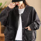 Women Retro Pure Color Stand Collar Pocket Cotton Coat