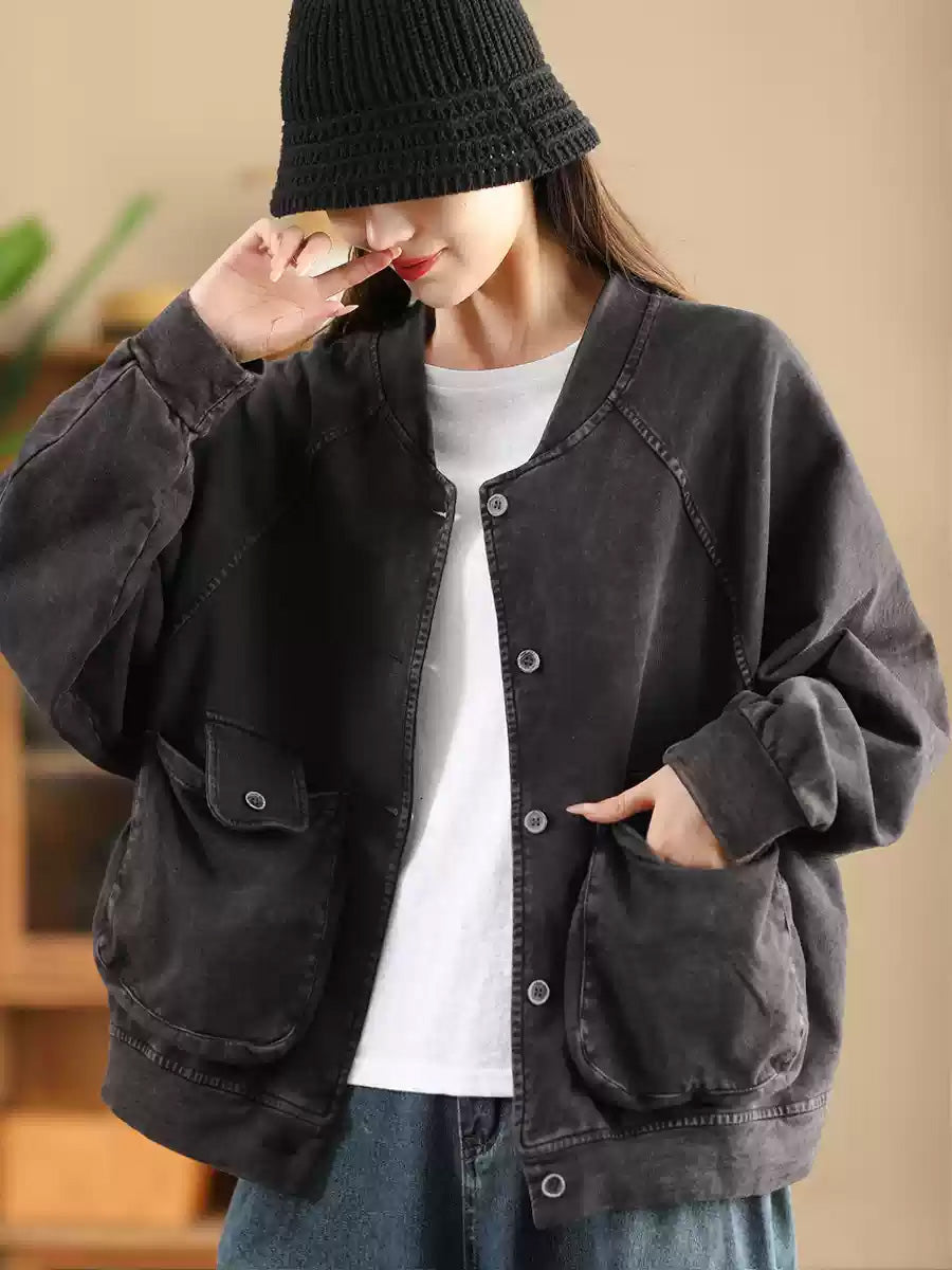 Women Retro Pure Color Stand Collar Pocket Cotton Coat