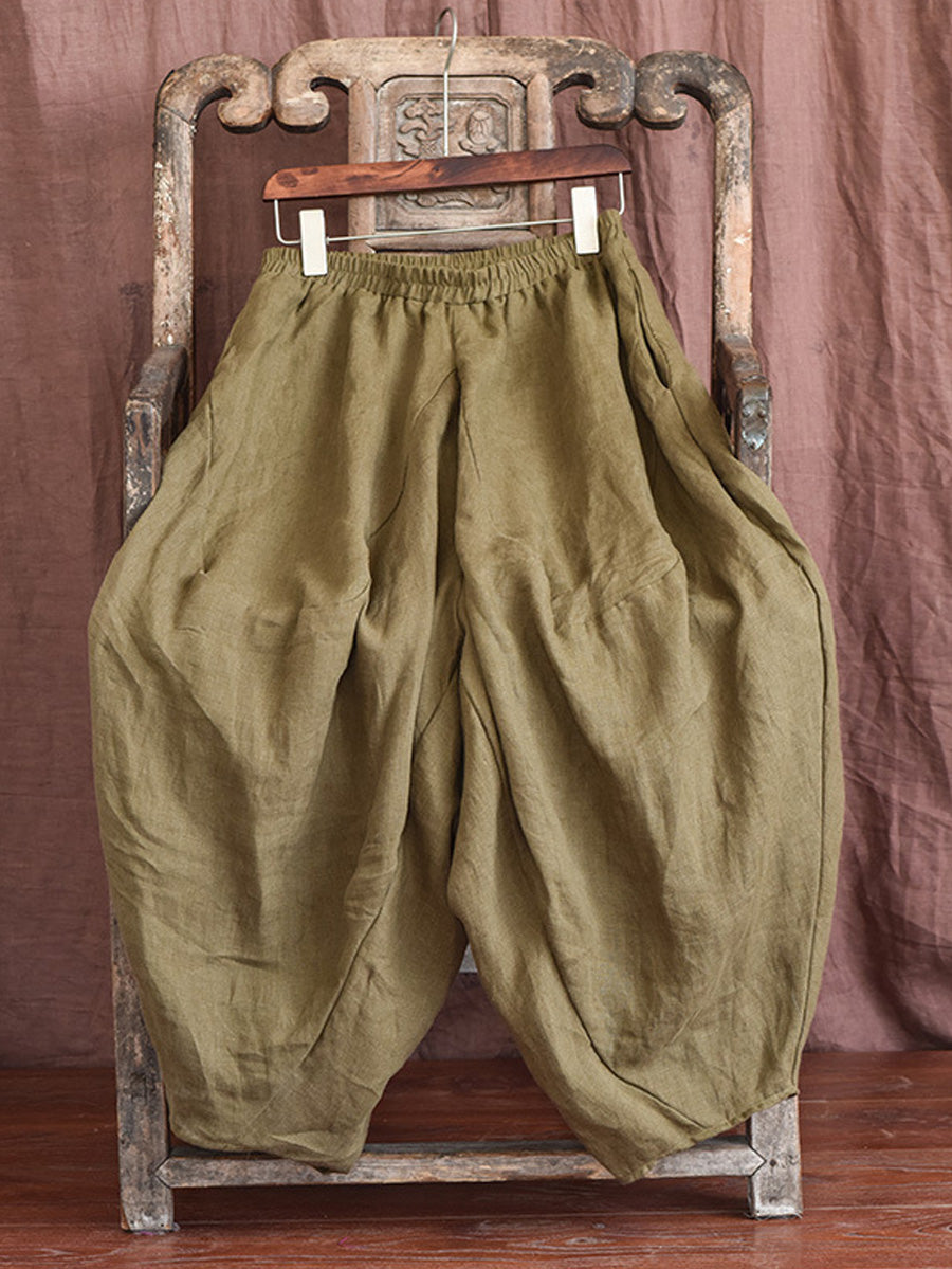 Women Autumn Rero Solid Linen Loos Bloomers