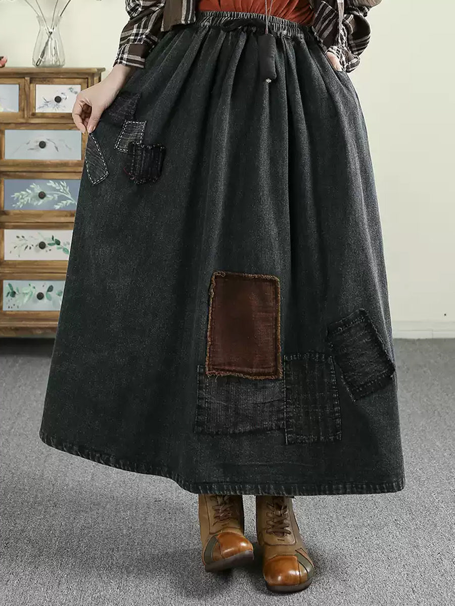 Women Autumn Casual Patch A-Shape Denim Skirt