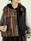 Women Autumn Vintage Flower Spliced Hooded Cotton Vest