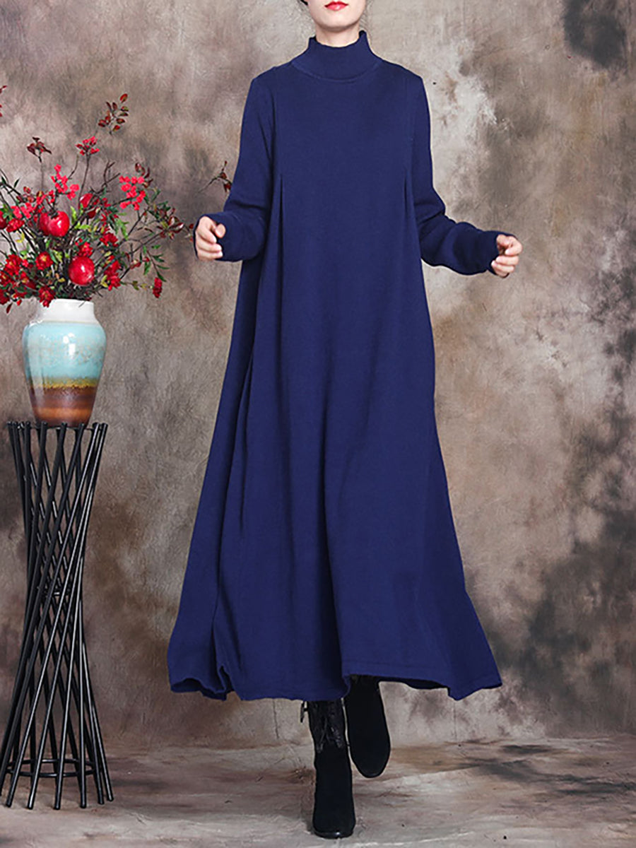 Plus Size Women Pure Color Knitted High Neckline Dress