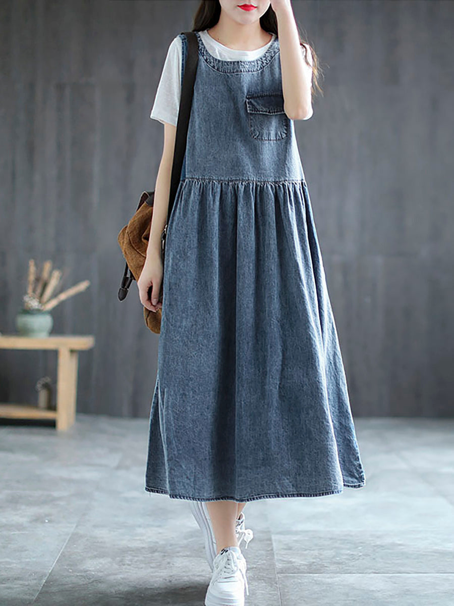 Plus Size Denim Pleated Long Sleeveless Pinafore Dress