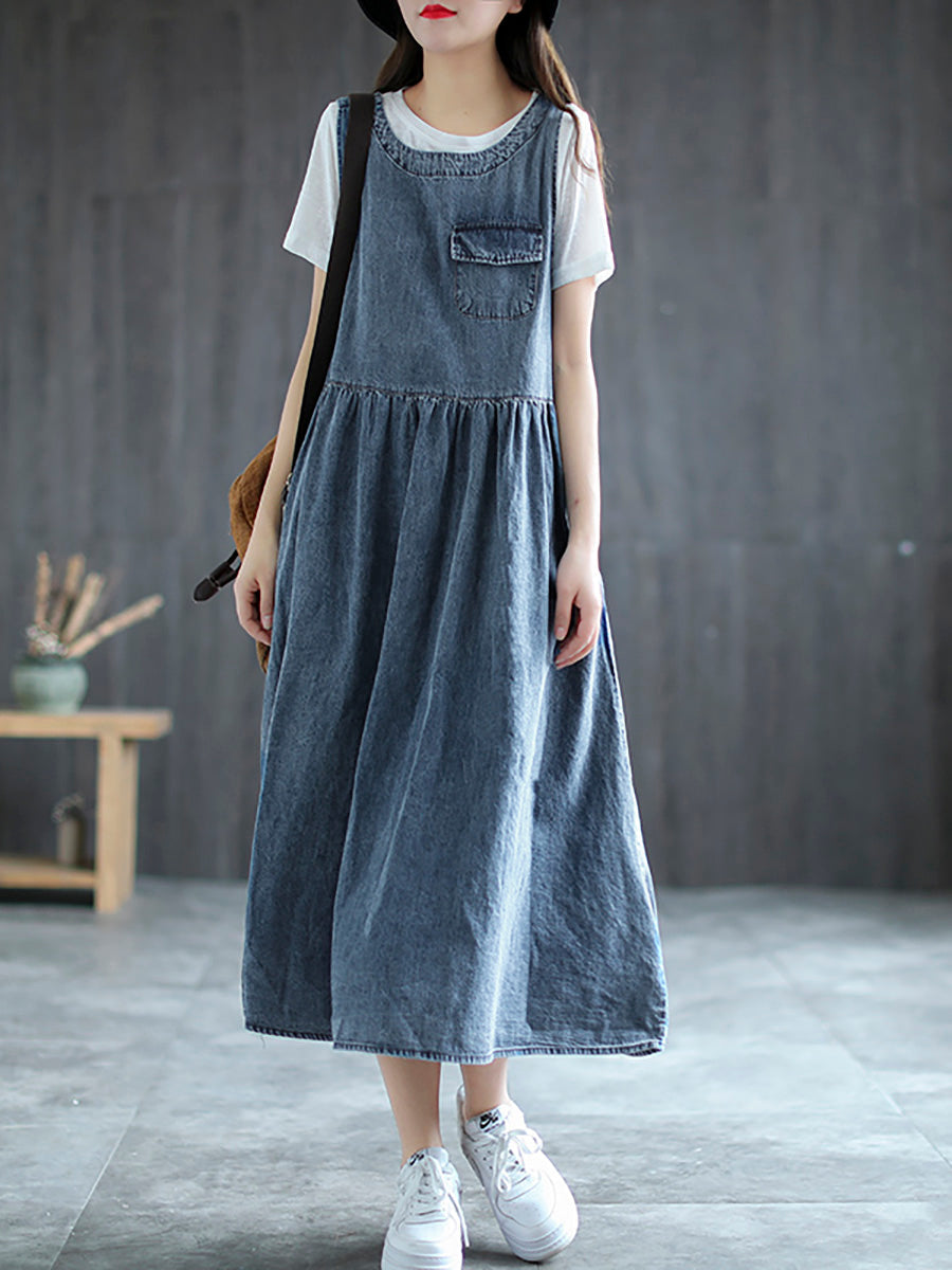 Plus Size Denim Pleated Long Sleeveless Pinafore Dress