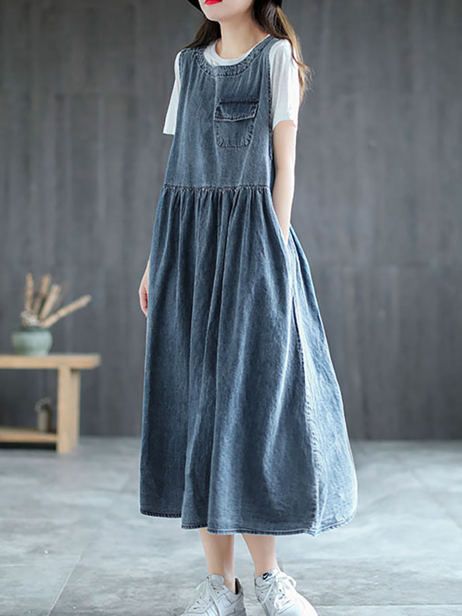 Plus Size Denim Pleated Long Sleeveless Pinafore Dress