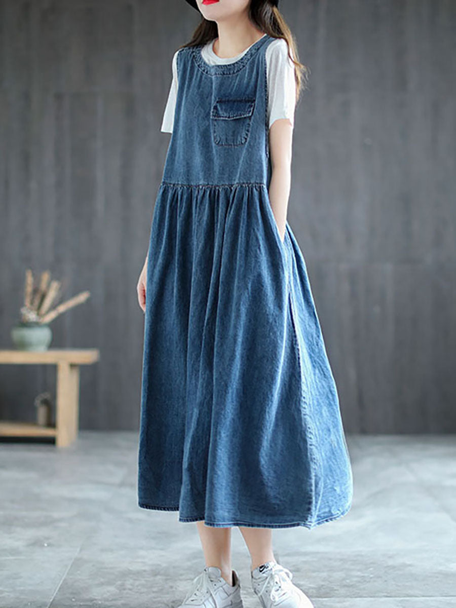 Plus Size Denim Pleated Long Sleeveless Pinafore Dress