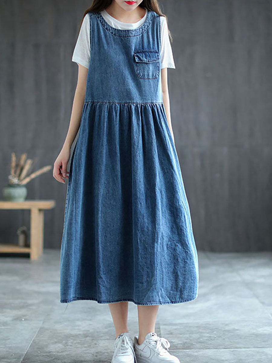 Plus Size Denim Pleated Long Sleeveless Pinafore Dress