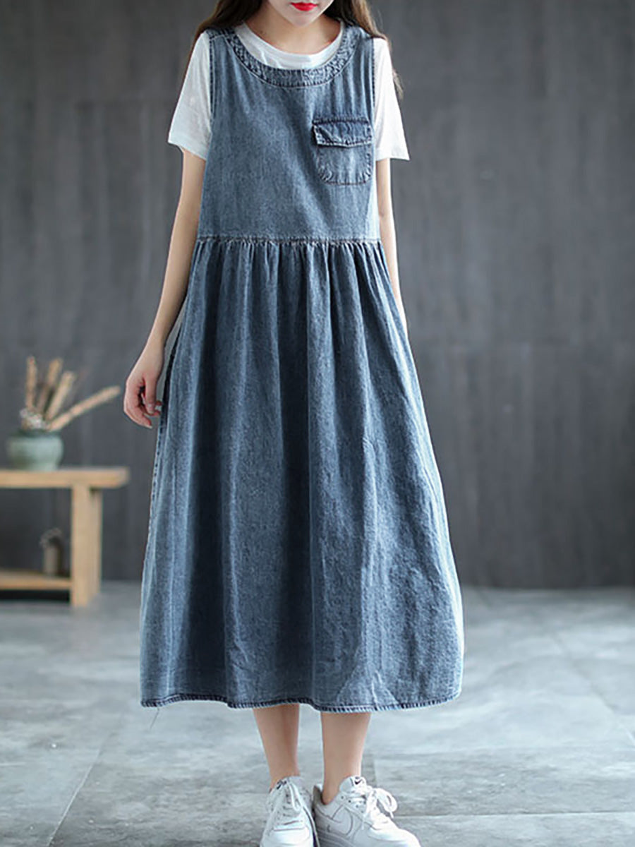 Plus Size Denim Pleated Long Sleeveless Pinafore Dress