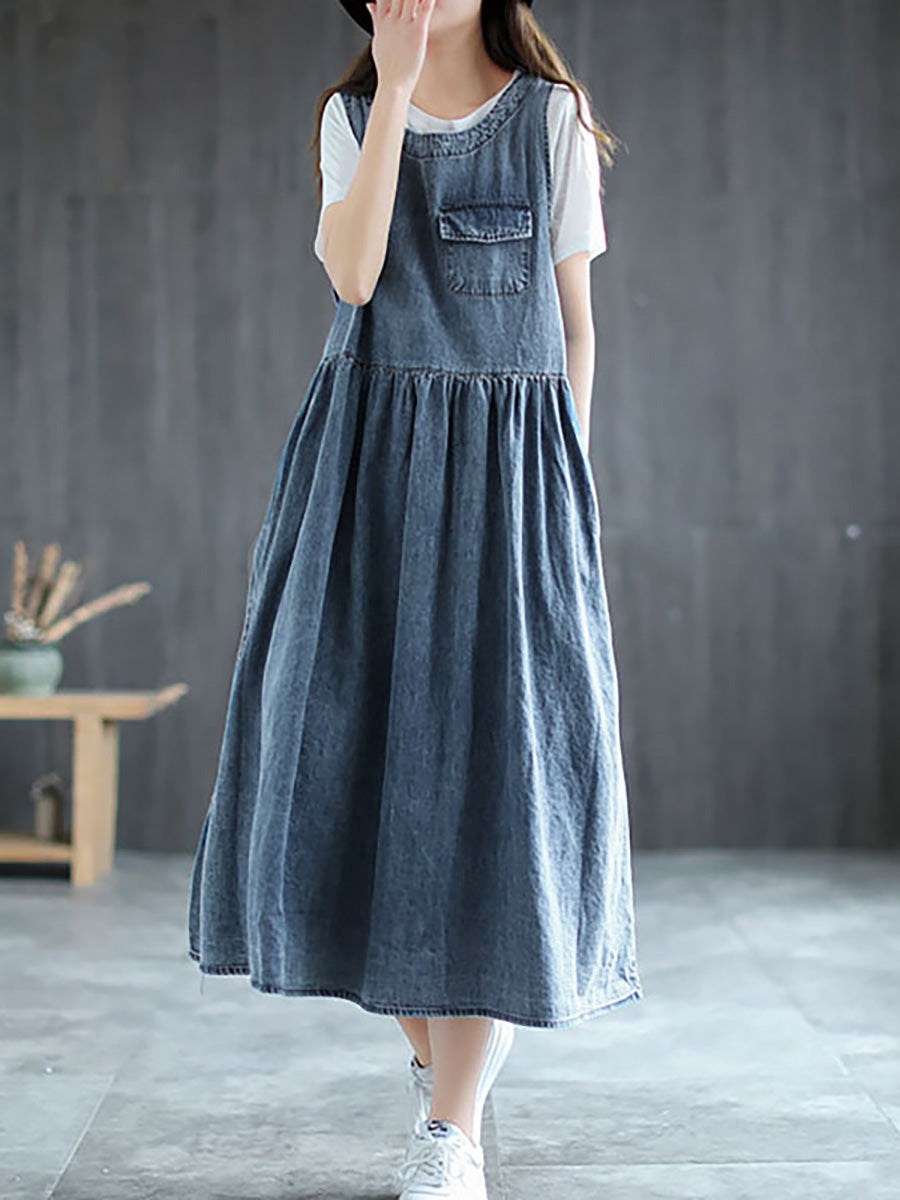 Plus Size Denim Pleated Long Sleeveless Pinafore Dress