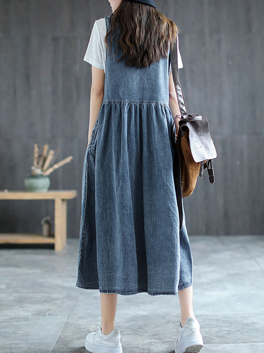 Plus Size Denim Pleated Long Sleeveless Pinafore Dress