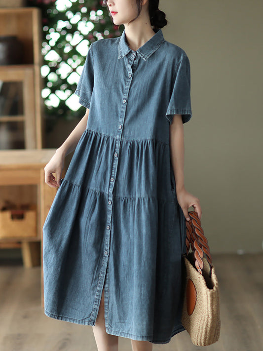 Women Summer Casual Solid Button-up Pleated Dress