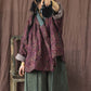 Women Vintage Drawstring Floral Print 100%Linen Coat