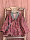 Women Vintage Drawstring Floral Print 100%Linen Coat