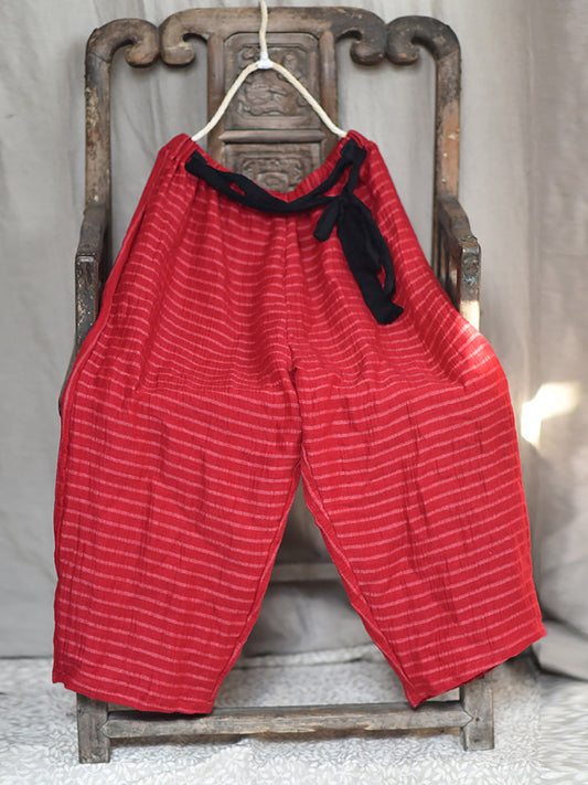 Women Spring Artsy Stripe Drawstring Linen Wide-leg Pants