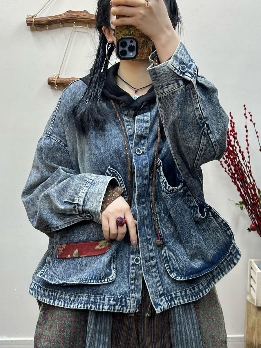 Women Spring Retro Irregular Patch Pocket Denim Coat