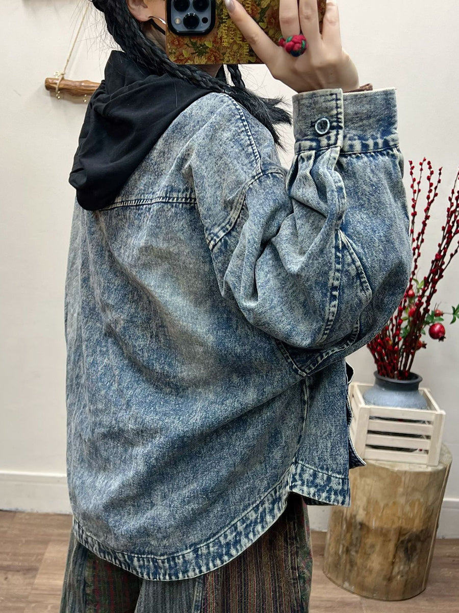 Women Spring Retro Irregular Patch Pocket Denim Coat