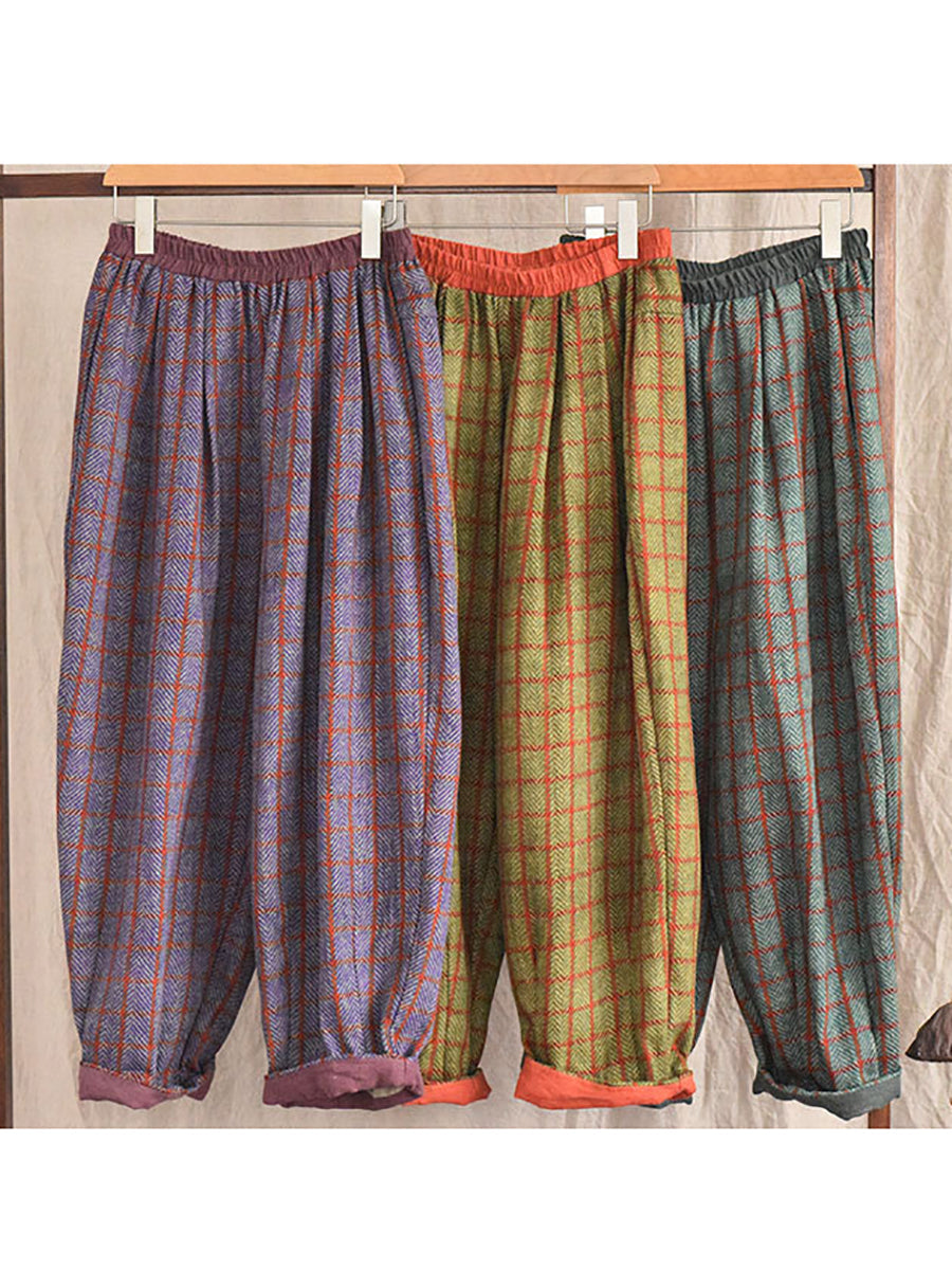 Women Vintage Plaid Pocket Loose Linen Pants