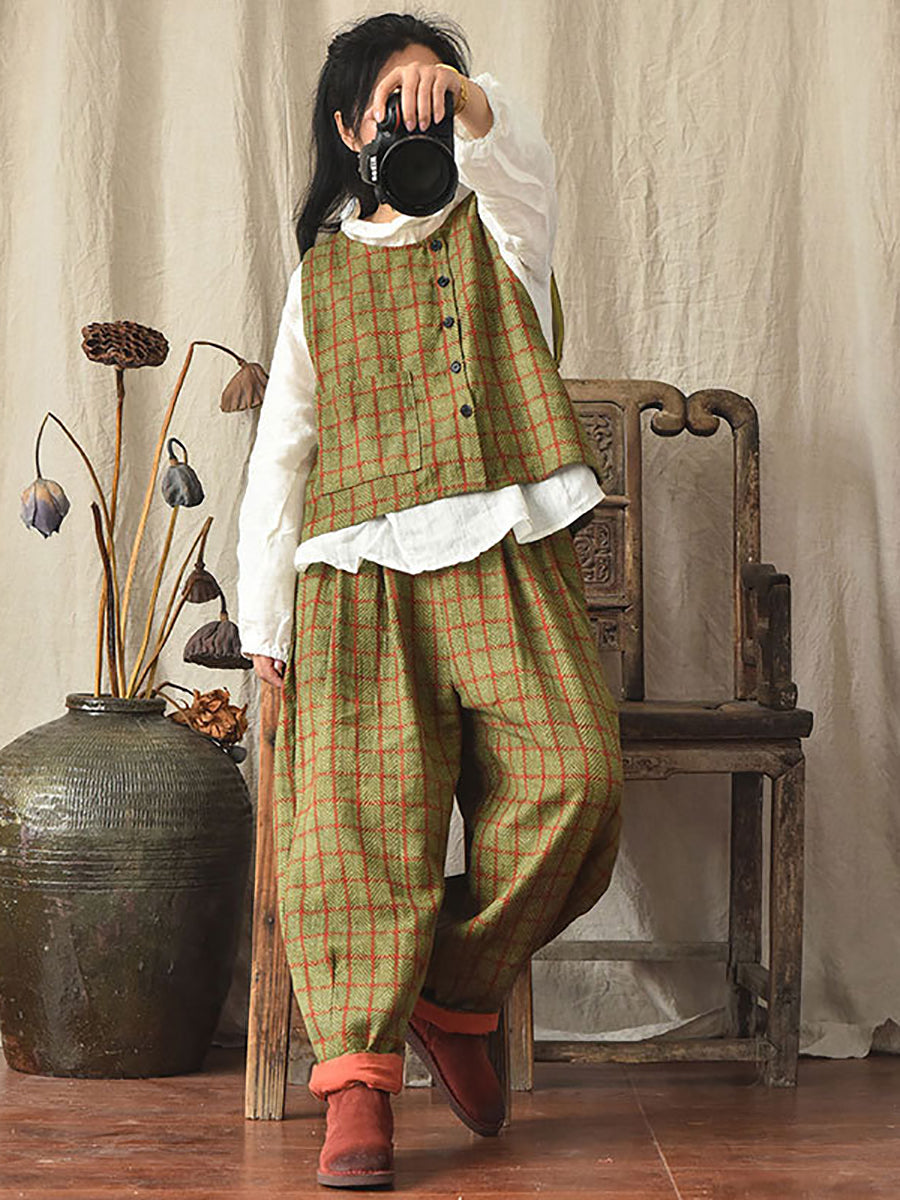 Women Vintage Plaid Pocket Loose Linen Pants