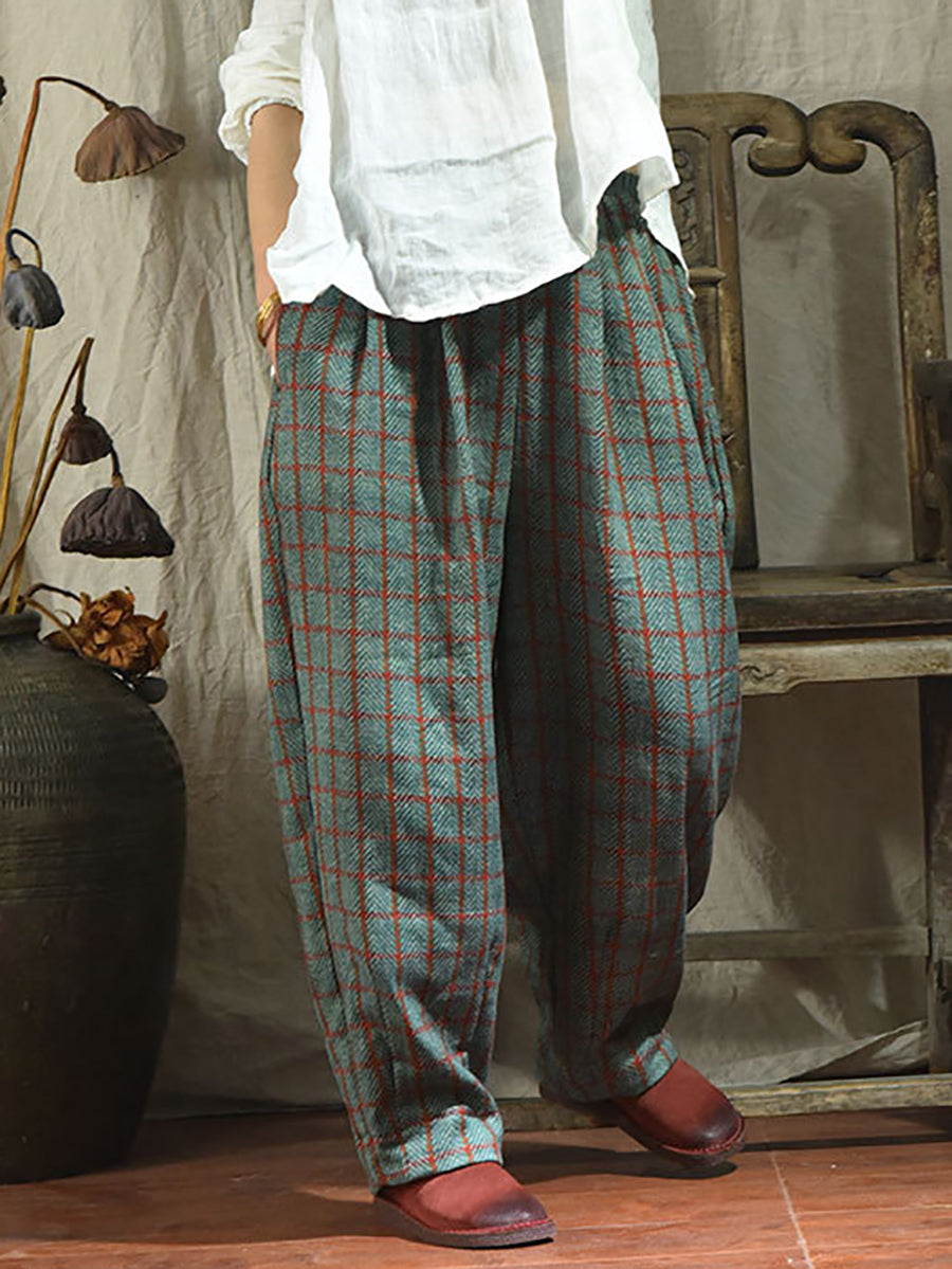 Women Vintage Plaid Pocket Loose Linen Pants