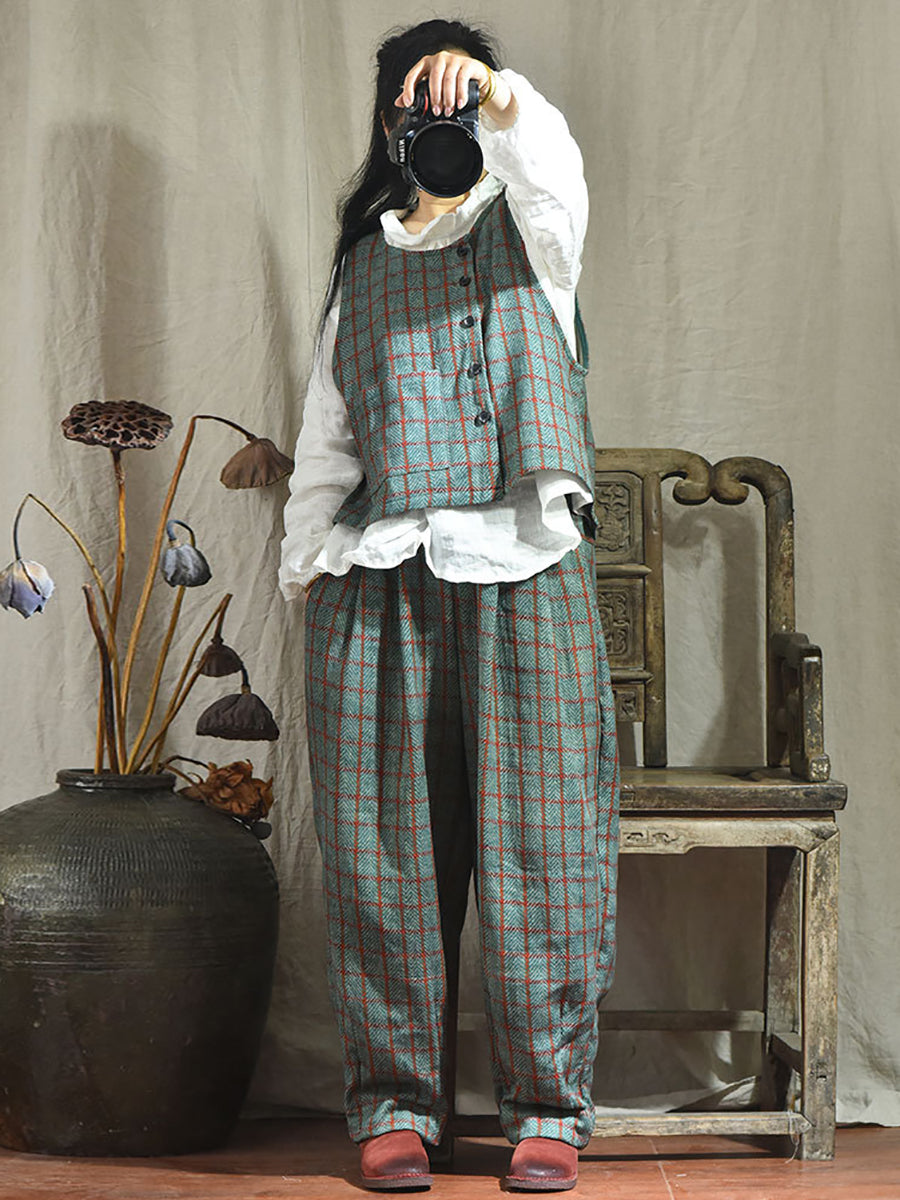 Women Vintage Plaid Pocket Loose Linen Pants