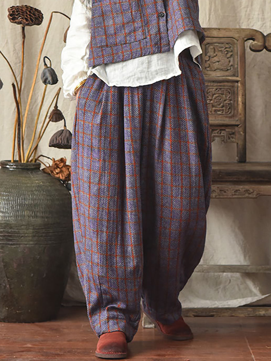 Women Vintage Plaid Pocket Loose Linen Pants