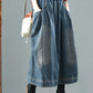 Women Retro Fade Pocket Elastic Waist Denim Skirt