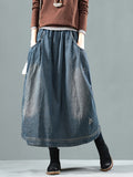 Women Retro Fade Pocket Elastic Waist Denim Skirt