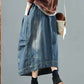 Women Retro Fade Pocket Elastic Waist Denim Skirt