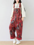 Women Autumn Artsy Flower Pocket Loose Denim Jumpsuits