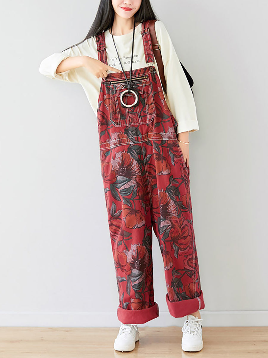 Women Autumn Artsy Flower Pocket Loose Denim Jumpsuits