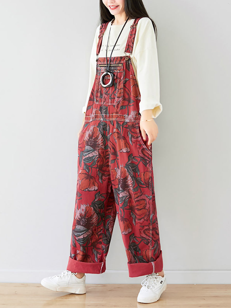 Women Autumn Artsy Flower Pocket Loose Denim Jumpsuits