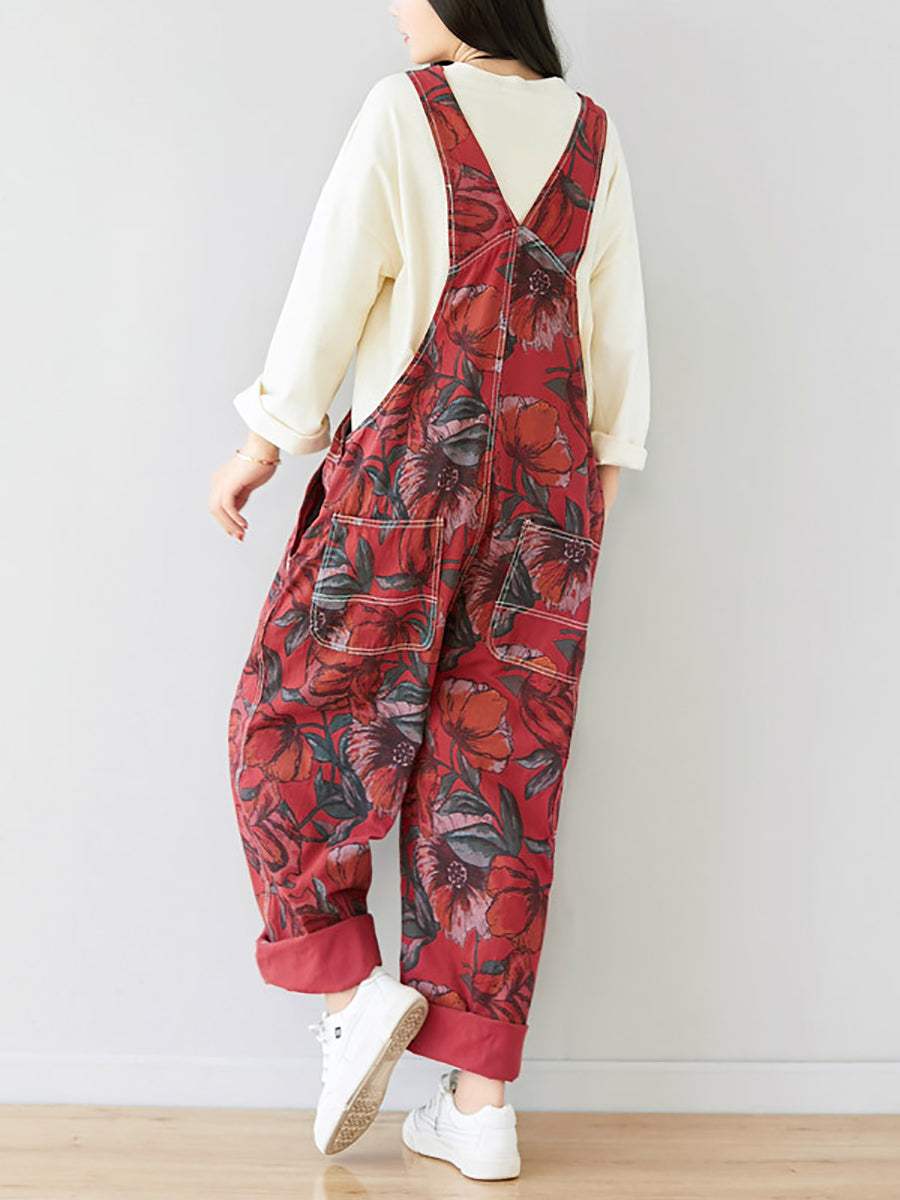 Women Autumn Artsy Flower Pocket Loose Denim Jumpsuits