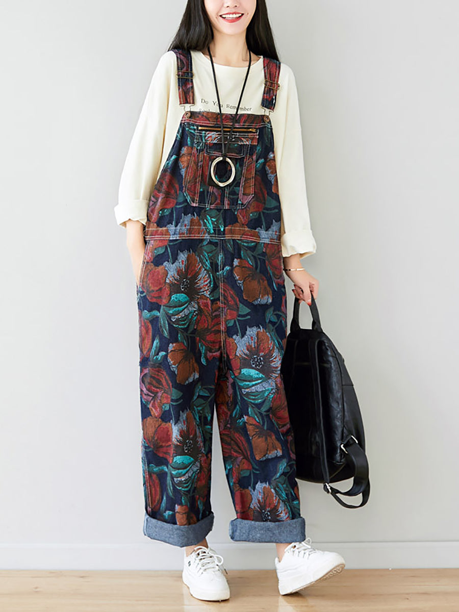 Women Autumn Artsy Flower Pocket Loose Denim Jumpsuits